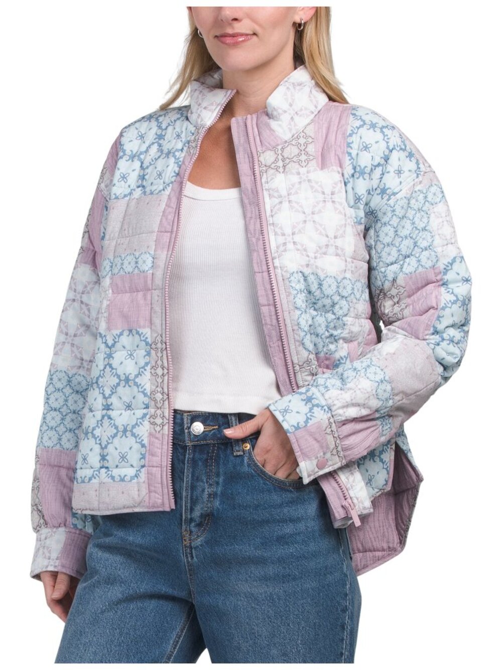 TravisMathew Bold and Bloom Quilted Jacket Mauve Blue Floral Patchwork